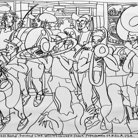 “YOUNG FELLAZ BRASS BAND”, SECOND LINE, WILLIES CHICKEN SHACK, FRENCHMEN ST., N.O.L.A. USA, ‘23.
And this is a wrap up for my first New Orleans trip! I sketched until the last possible minute! Until 1 am. at Frenchmen Str. where the absolutely brilliant Young Fellaz Brass Band passed by with their Second Line and let me know they are there, so I can sketch them. For 25 days I managed to make so many new friends in this legendary city!!!
In no time I will be back again! Love New Orleans and its’ music, art, people, everything!
Original B&W Sketch. Created, Signed and Dated on the front by me. 
Cretacolor graphite pencil on Daler Rowney Smooth Cartridge Drawing Acid Free Paper, 220gsm. Size: A3.; Unframed. Protected with Winsor & Newton UV Archival Fixative.
If you'd like to purchase the original artwork or print option, please head to the shop section of this website or message me through the CONTACT form for custom print orders of this original artwork. 