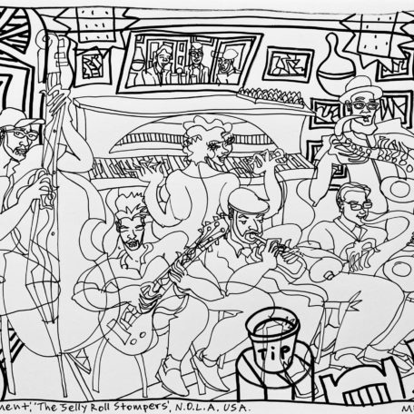 “21ST AMENDMENT”, THE JELLY ROLL STOMPERS, N.O.L.A. USA, ‘23. Another brilliant gig at super cool place! Thank you Mike for letting me know about the 21st Amendment.
Original B&W Sketch. Created, Signed and Dated on the front by me. 
Molotow ink One 4 All markers on Daler Rowney Fine Grain White Drawing Acid Free Paper, 220gsm. Size: A3.; Unframed. Protected with Lascaux UV Archival Fixative.
If you'd like to purchase the original artwork or print option, please head to the shop section of this website or message me through the CONTACT form for custom print orders of this original artwork. 