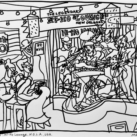 “SUNDAY CIRCUS”, HI- HO LOUNGE, NOLA, USA, ‘23. Another day another sketching adventure in New Orleans. This time Hi- Ho Lounge with the quite surreal band Sunday Circus. It was fresh! Different! Again made some new friends and had a great time. Thank you Spiral Artisan for you and your buddies keeping me a great company!
Original B&W Sketch. Created, Signed and Dated on the front by me. 
Molotow ink One 4 All markers on Daler Rowney Fine Grain White Drawing Acid Free Paper, 220gsm. Size: A3.; Unframed. Protected with Lascaux UV Archival Fixative.
If you'd like to purchase the original artwork or print option, please head to the shop section of this website or message me through the CONTACT form for custom print orders of this original artwork. 