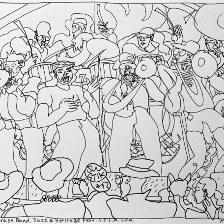 “POCKET ACES BRASS BAND”, JAZZ & HERITAGE FEST, NOLA, USA, ‘23.
On the 5th day of Jazz Fest started with a sketch of Pocket Aces Brass Band! Pretty cool band! Could it be Jazz Fest every day please?Original B&W Sketch. Created, Signed and Dated on the front by me.
Posca ink markers on Daler Rowney Smooth Cartridge Drawing Acid Free Paper, 220gsm. Size: A3.; Unframed. Protected with Lascaux UV Archival Fixative. If you'd like to purchase the original artwork or print option, please head to the shop section of this website or message me through the CONTACT form for custom print orders of this original artwork. 